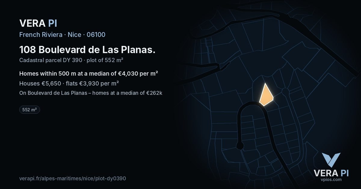 108 Boulevard de Las Planas, Nice at night – the plot lit, the parcels around coloured by the prices near them