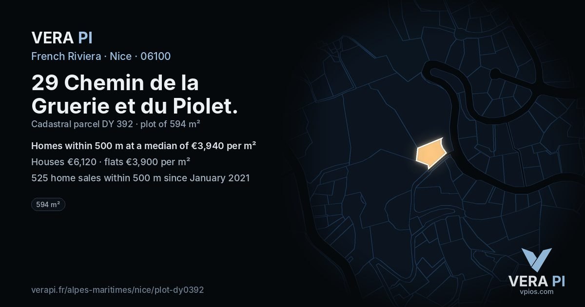 29 Chemin de la Gruerie et du Piolet, Nice at night – the plot lit, the parcels around coloured by the prices near them