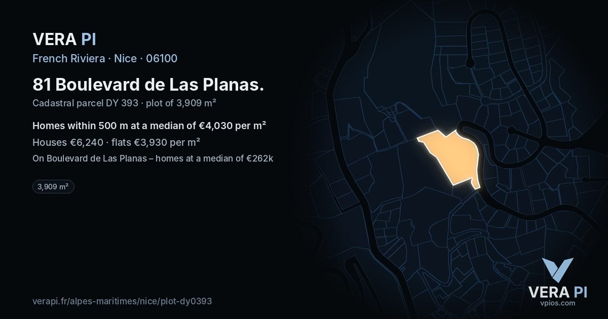 81 Boulevard de Las Planas, Nice at night – the plot lit, the parcels around coloured by the prices near them