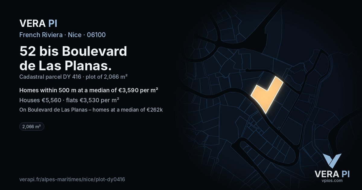 52 bis Boulevard de Las Planas, Nice at night – the plot lit, the parcels around coloured by the prices near them