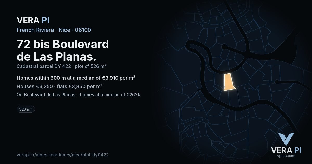 72 bis Boulevard de Las Planas, Nice at night – the plot lit, the parcels around coloured by the prices near them