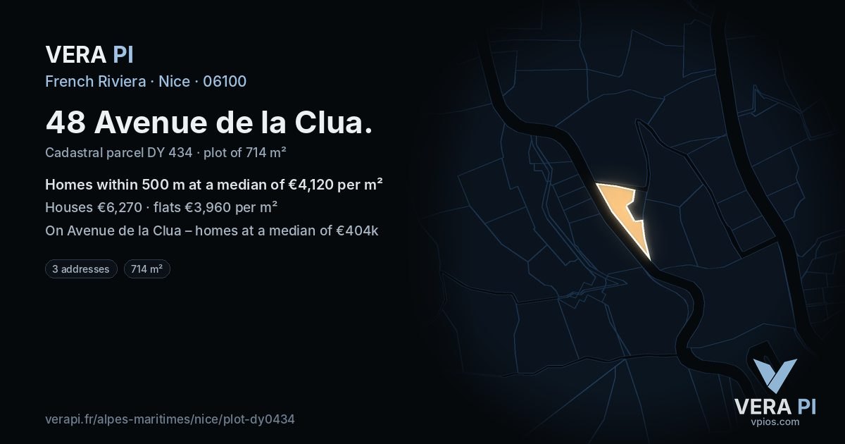48 Avenue de la Clua, Nice at night – the plot lit, the parcels around coloured by the prices near them