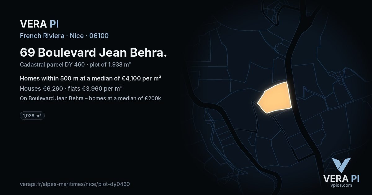 69 Boulevard Jean Behra, Nice at night – the plot lit, the parcels around coloured by the prices near them
