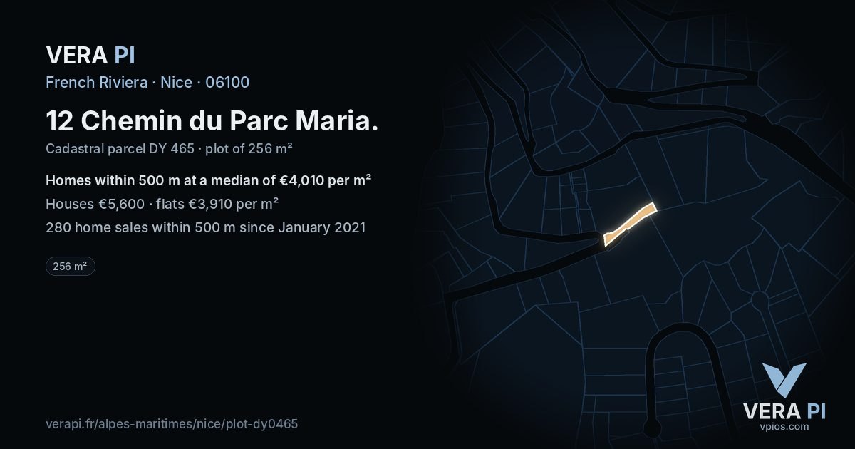 12 Chemin du Parc Maria, Nice at night – the plot lit, the parcels around coloured by the prices near them