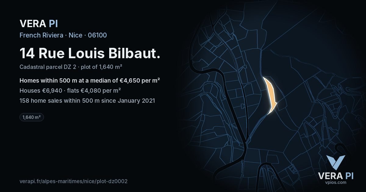 14 Rue Louis Bilbaut, Nice at night – the plot lit, the parcels around coloured by the prices near them
