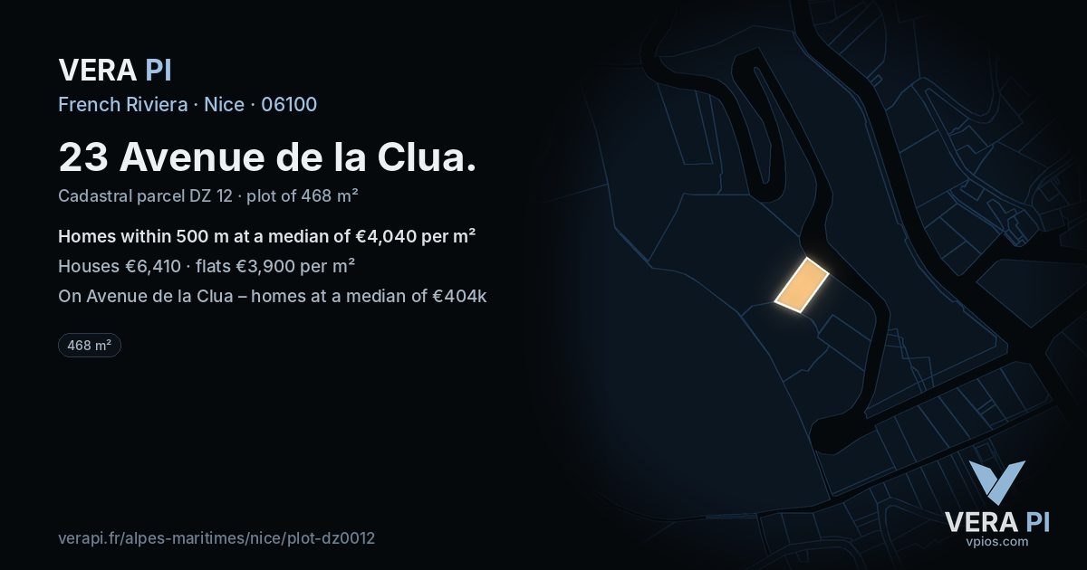 23 Avenue de la Clua, Nice at night – the plot lit, the parcels around coloured by the prices near them
