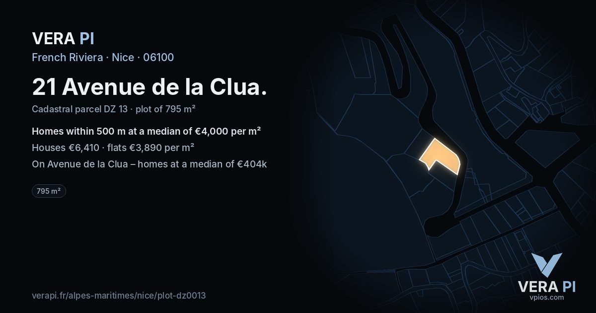 21 Avenue de la Clua, Nice at night – the plot lit, the parcels around coloured by the prices near them
