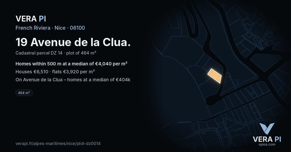 19 Avenue de la Clua, Nice at night – the plot lit, the parcels around coloured by the prices near them