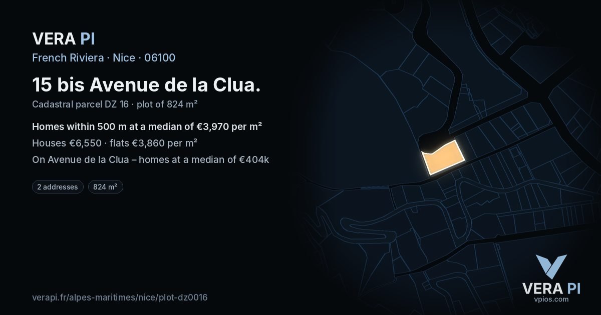 15 bis Avenue de la Clua, Nice at night – the plot lit, the parcels around coloured by the prices near them