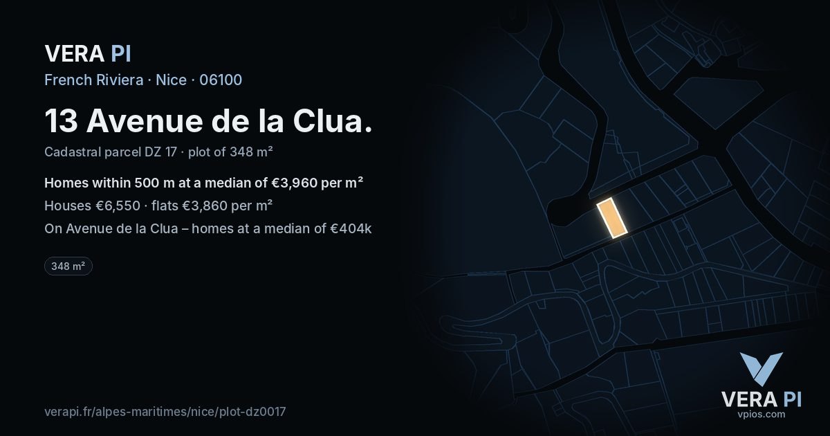 13 Avenue de la Clua, Nice at night – the plot lit, the parcels around coloured by the prices near them