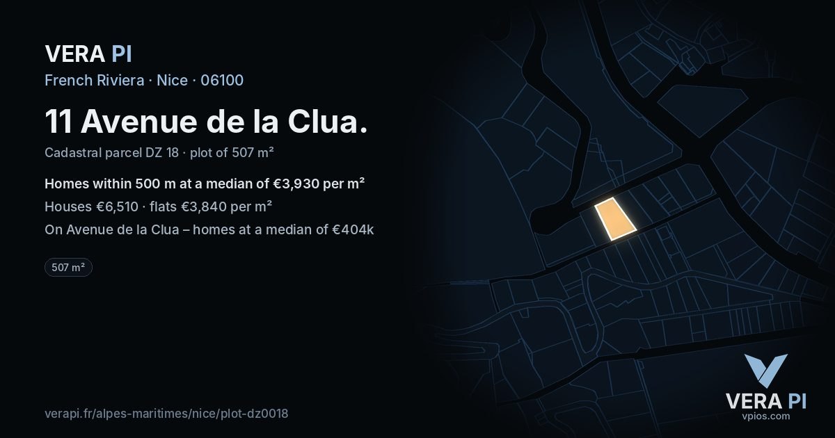 11 Avenue de la Clua, Nice at night – the plot lit, the parcels around coloured by the prices near them