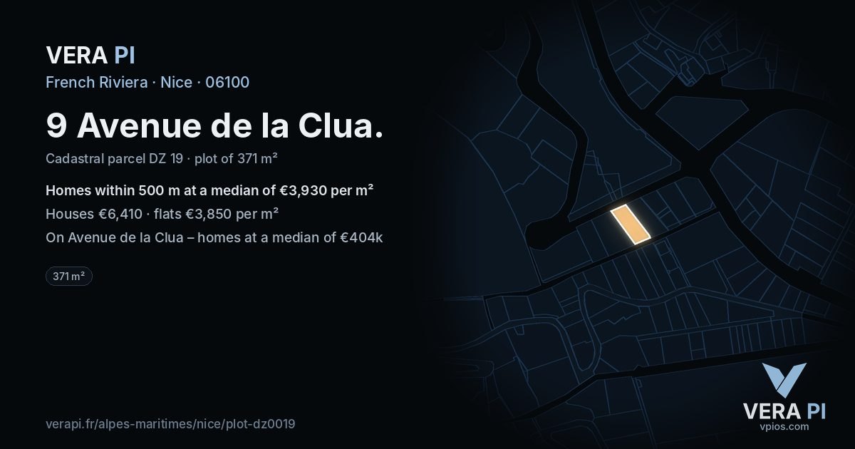 9 Avenue de la Clua, Nice at night – the plot lit, the parcels around coloured by the prices near them