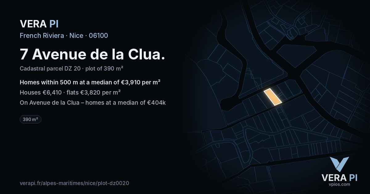 7 Avenue de la Clua, Nice at night – the plot lit, the parcels around coloured by the prices near them