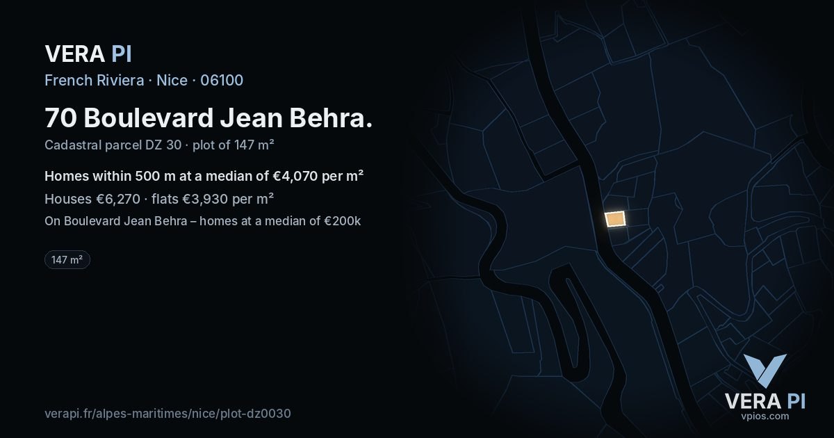 70 Boulevard Jean Behra, Nice at night – the plot lit, the parcels around coloured by the prices near them