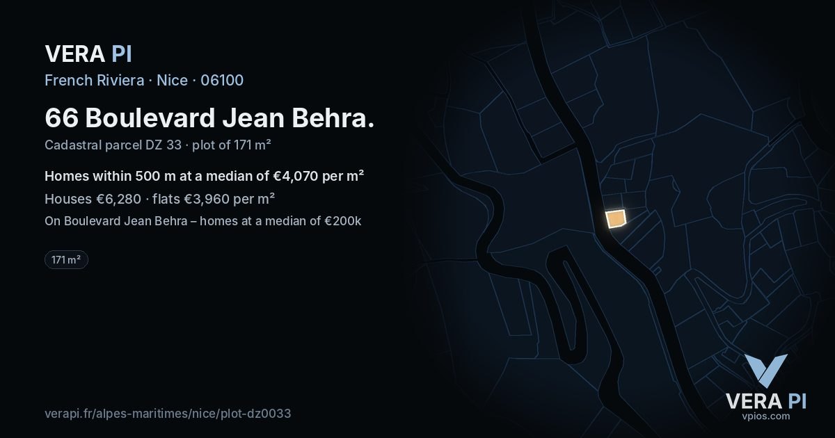 66 Boulevard Jean Behra, Nice at night – the plot lit, the parcels around coloured by the prices near them