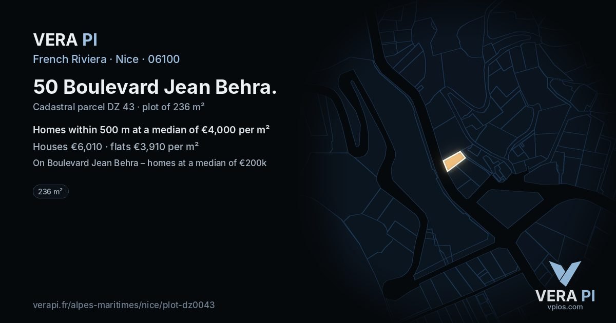 50 Boulevard Jean Behra, Nice at night – the plot lit, the parcels around coloured by the prices near them
