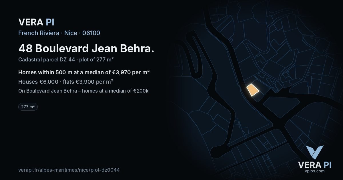 48 Boulevard Jean Behra, Nice at night – the plot lit, the parcels around coloured by the prices near them