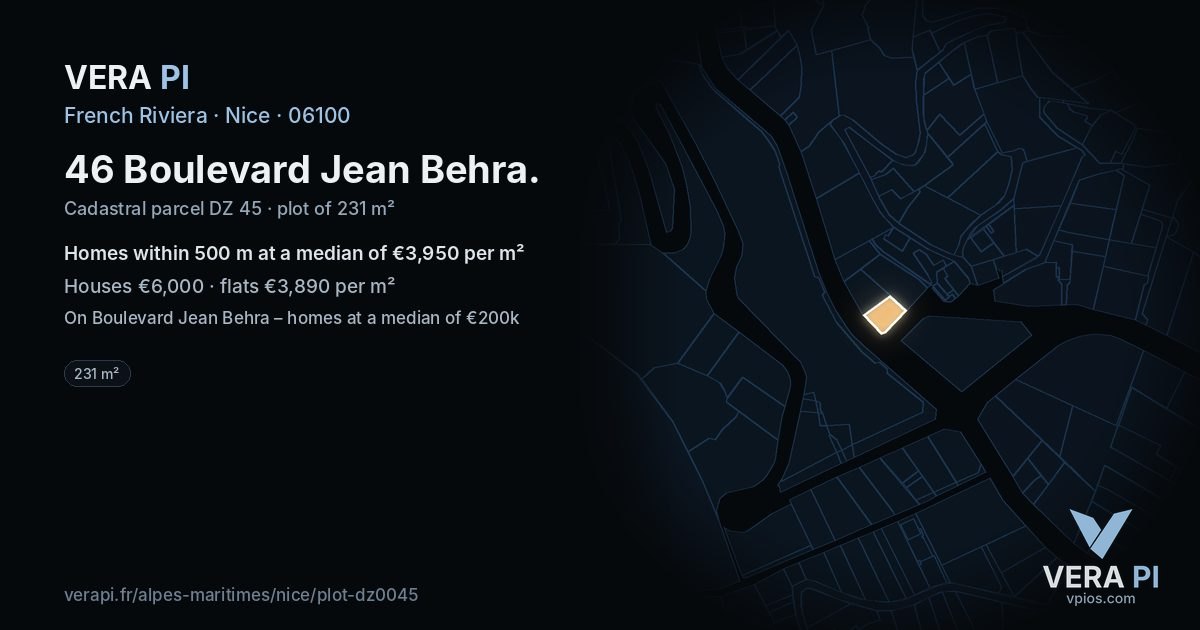 46 Boulevard Jean Behra, Nice at night – the plot lit, the parcels around coloured by the prices near them