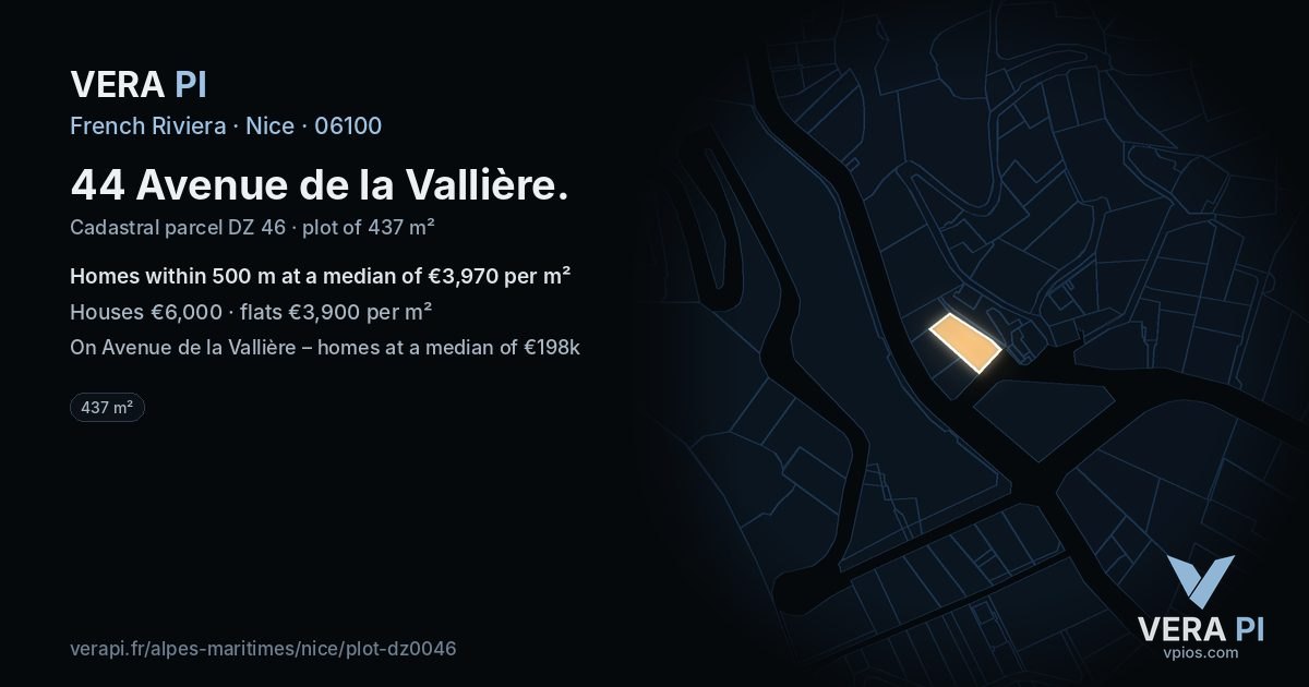 44 Avenue de la Vallière, Nice at night – the plot lit, the parcels around coloured by the prices near them