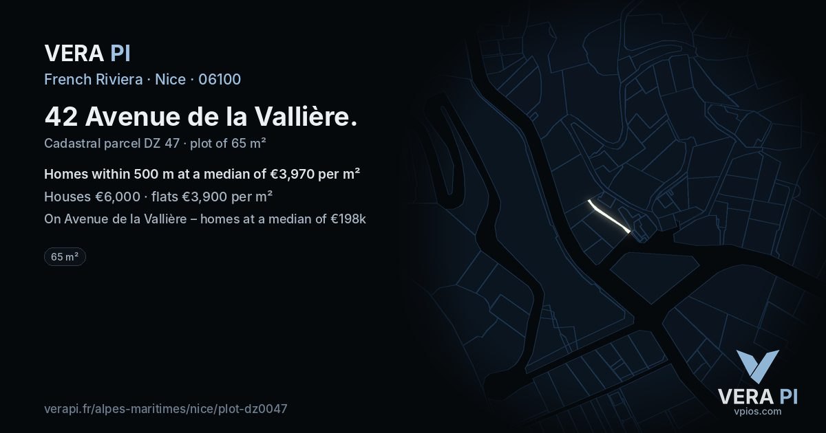 42 Avenue de la Vallière, Nice at night – the plot lit, the parcels around coloured by the prices near them