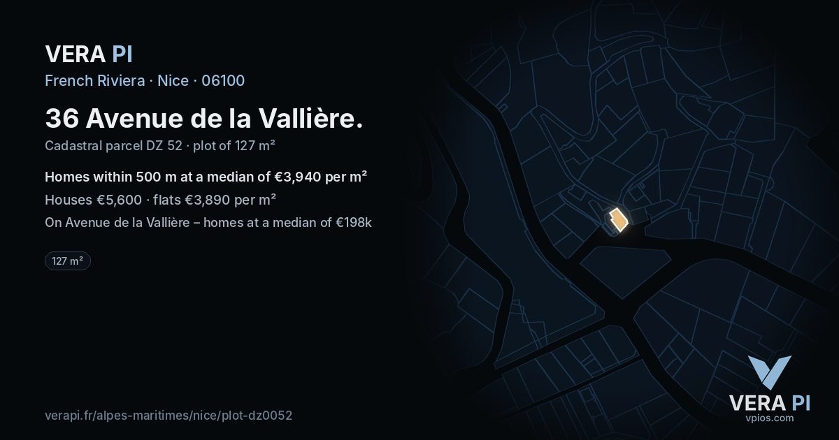 36 Avenue de la Vallière, Nice at night – the plot lit, the parcels around coloured by the prices near them