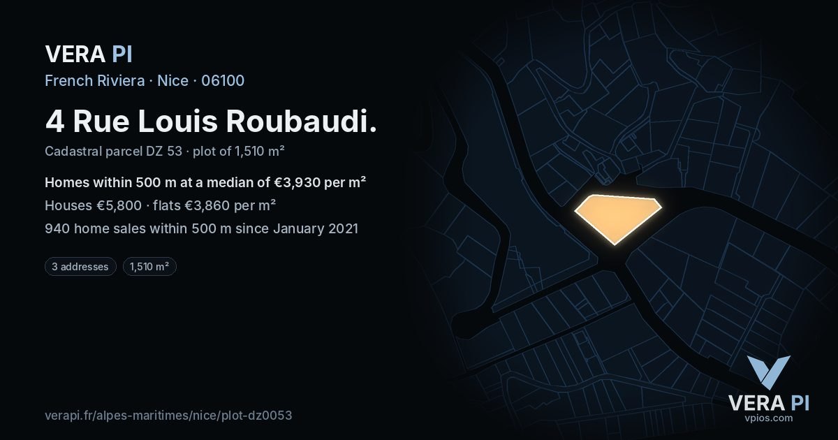 4 Rue Louis Roubaudi, Nice at night – the plot lit, the parcels around coloured by the prices near them