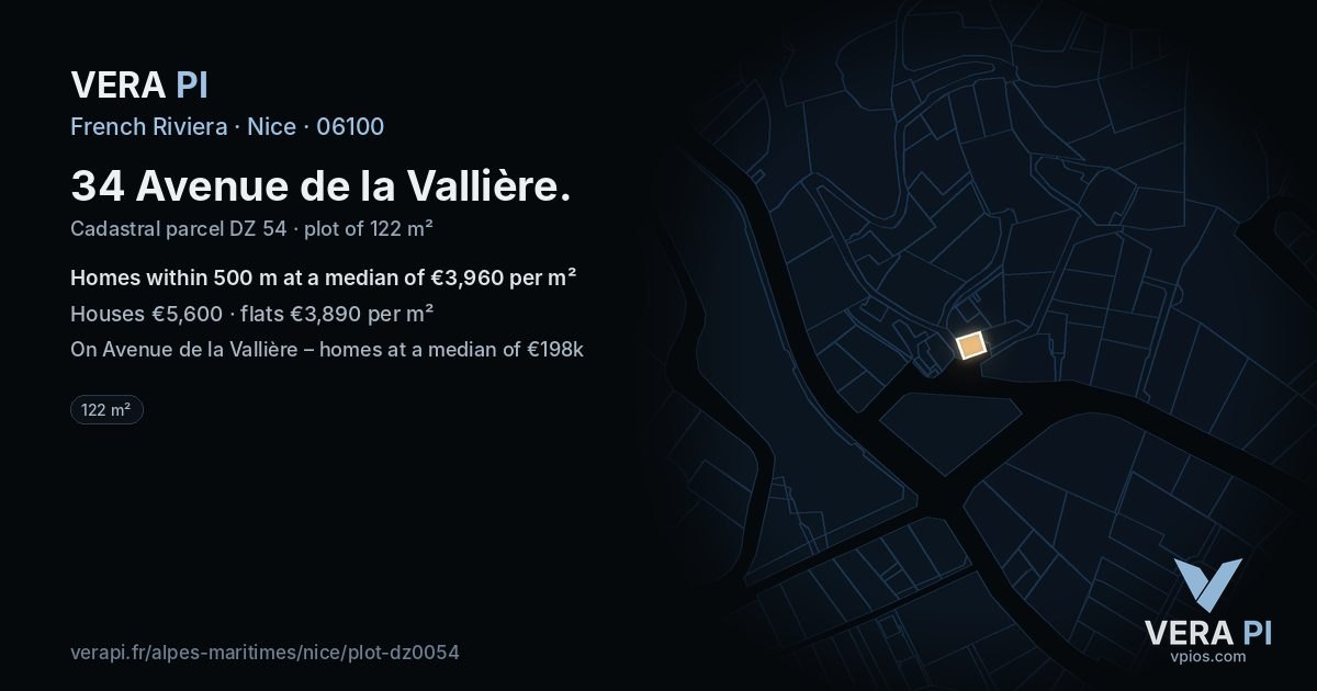 34 Avenue de la Vallière, Nice at night – the plot lit, the parcels around coloured by the prices near them