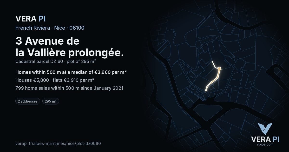 3 Avenue de la Vallière prolongée, Nice at night – the plot lit, the parcels around coloured by the prices near them