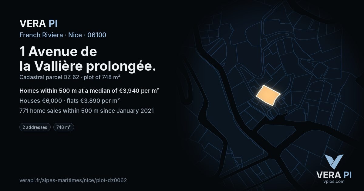1 Avenue de la Vallière prolongée, Nice at night – the plot lit, the parcels around coloured by the prices near them