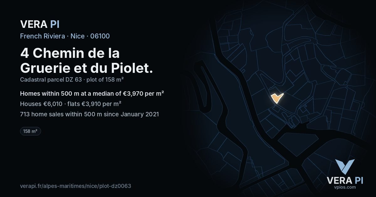 4 Chemin de la Gruerie et du Piolet, Nice at night – the plot lit, the parcels around coloured by the prices near them