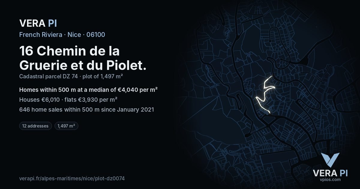 16 Chemin de la Gruerie et du Piolet, Nice at night – the plot lit, the parcels around coloured by the prices near them