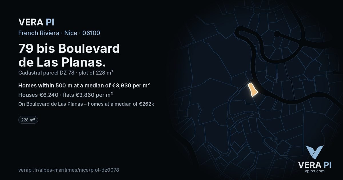 79 bis Boulevard de Las Planas, Nice at night – the plot lit, the parcels around coloured by the prices near them
