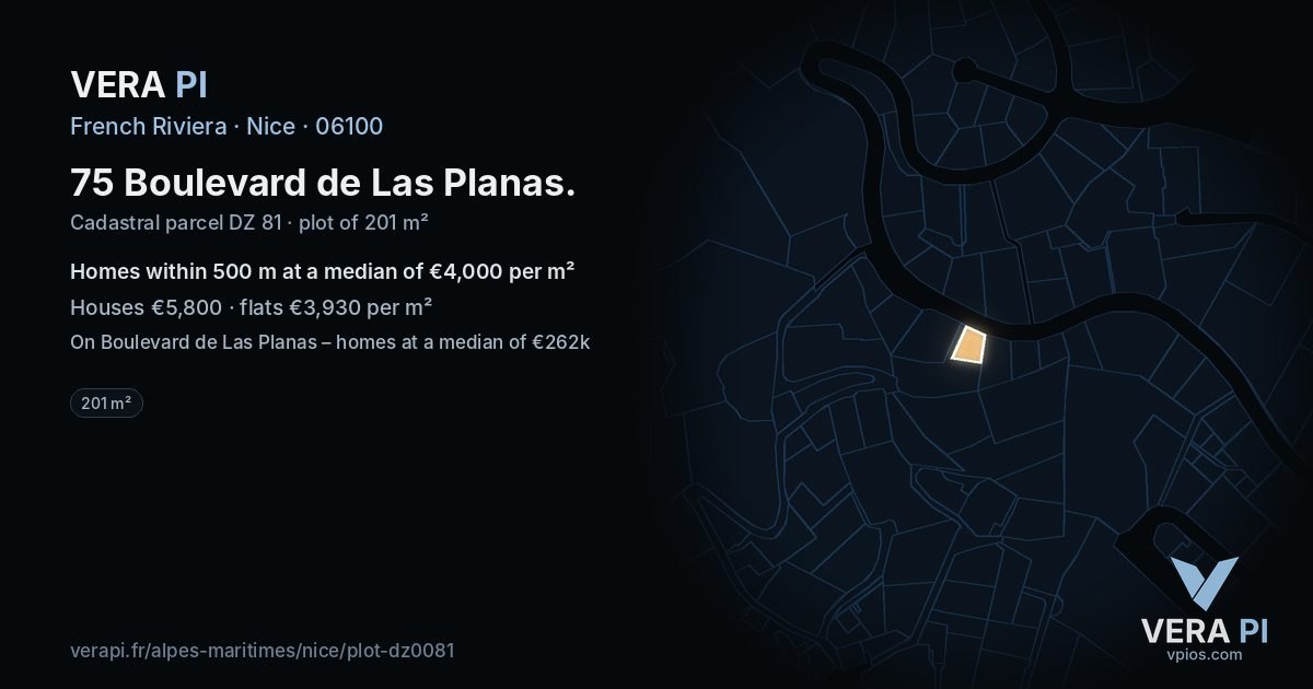 75 Boulevard de Las Planas, Nice at night – the plot lit, the parcels around coloured by the prices near them