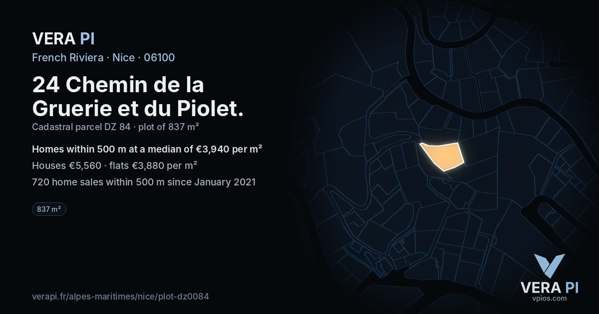 24 Chemin de la Gruerie et du Piolet, Nice at night – the plot lit, the parcels around coloured by the prices near them