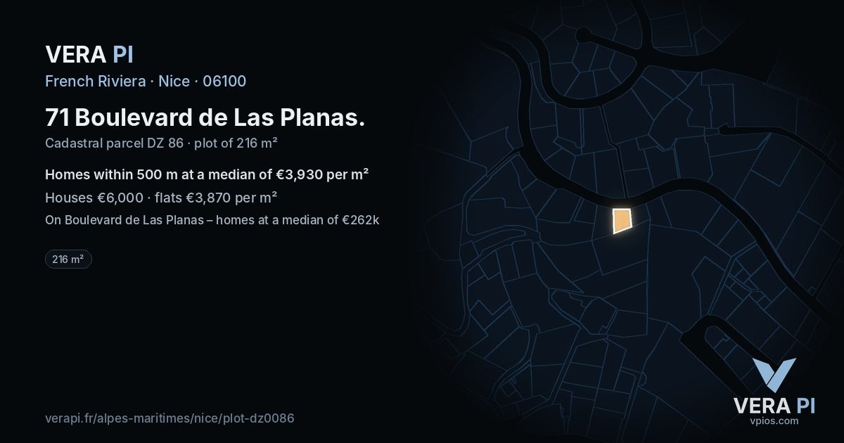 71 Boulevard de Las Planas, Nice at night – the plot lit, the parcels around coloured by the prices near them