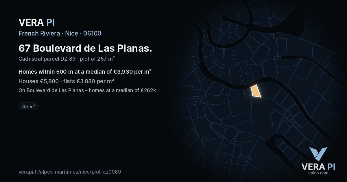 67 Boulevard de Las Planas, Nice at night – the plot lit, the parcels around coloured by the prices near them