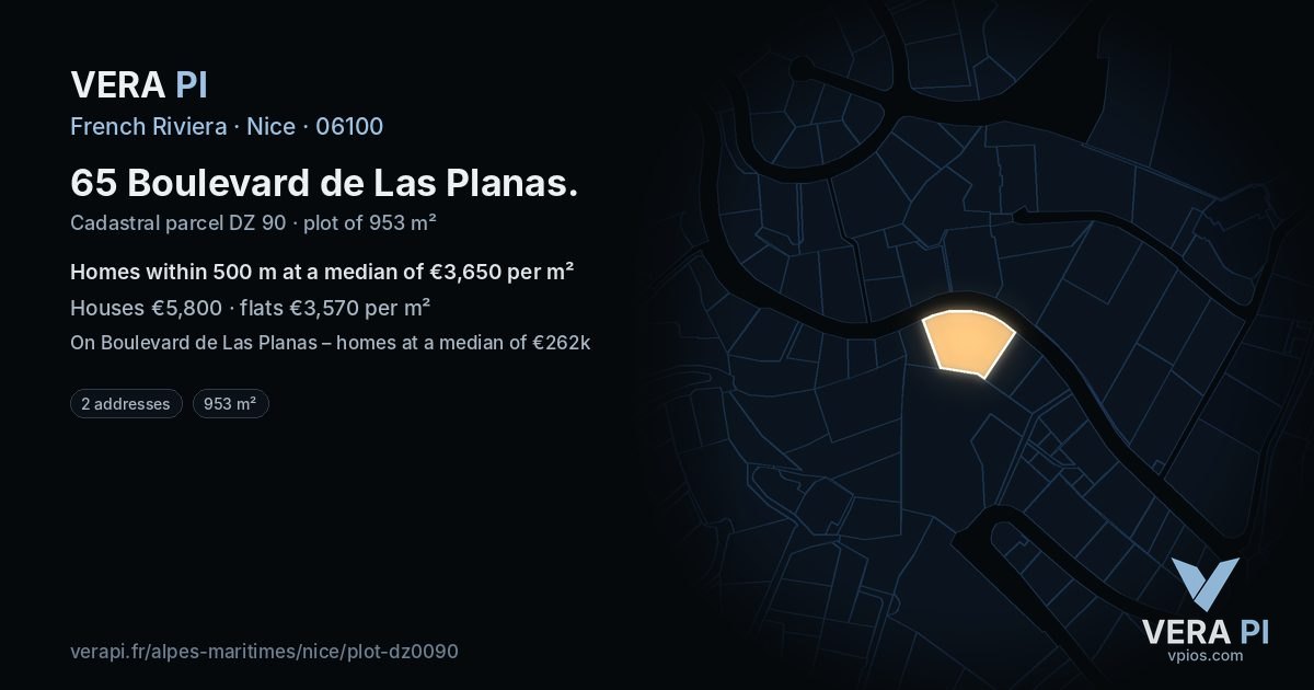 65 Boulevard de Las Planas, Nice at night – the plot lit, the parcels around coloured by the prices near them