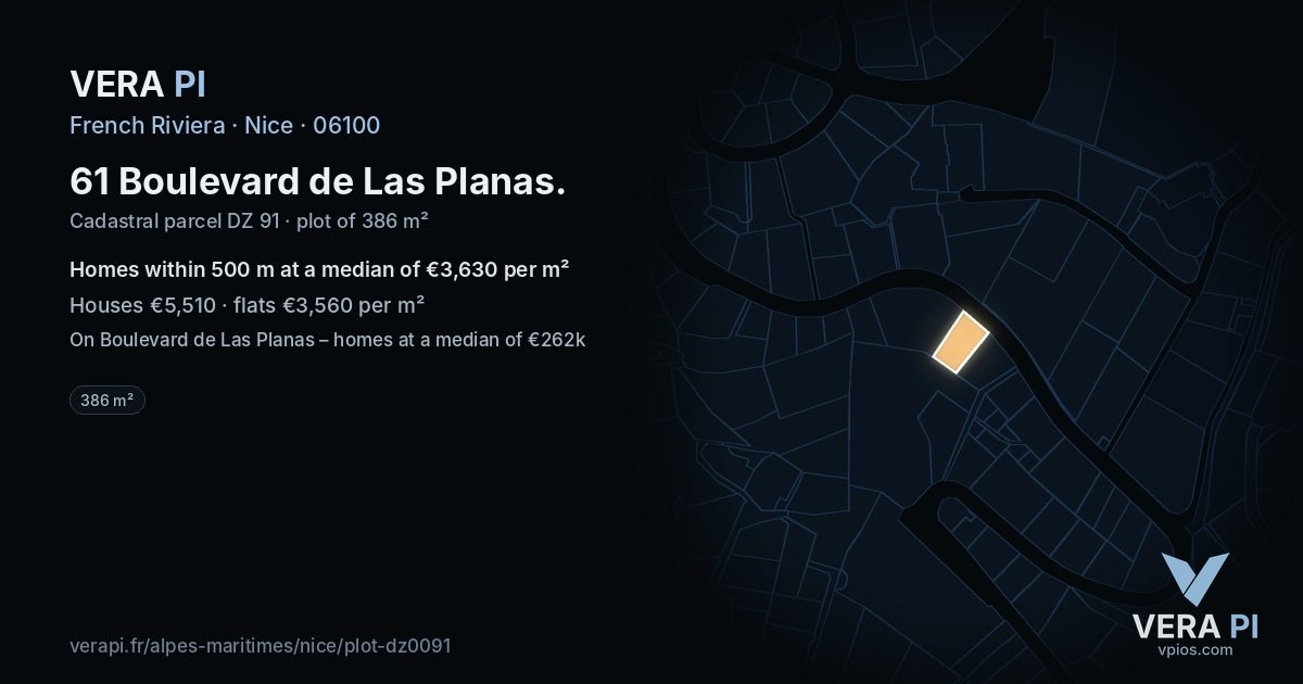 61 Boulevard de Las Planas, Nice at night – the plot lit, the parcels around coloured by the prices near them