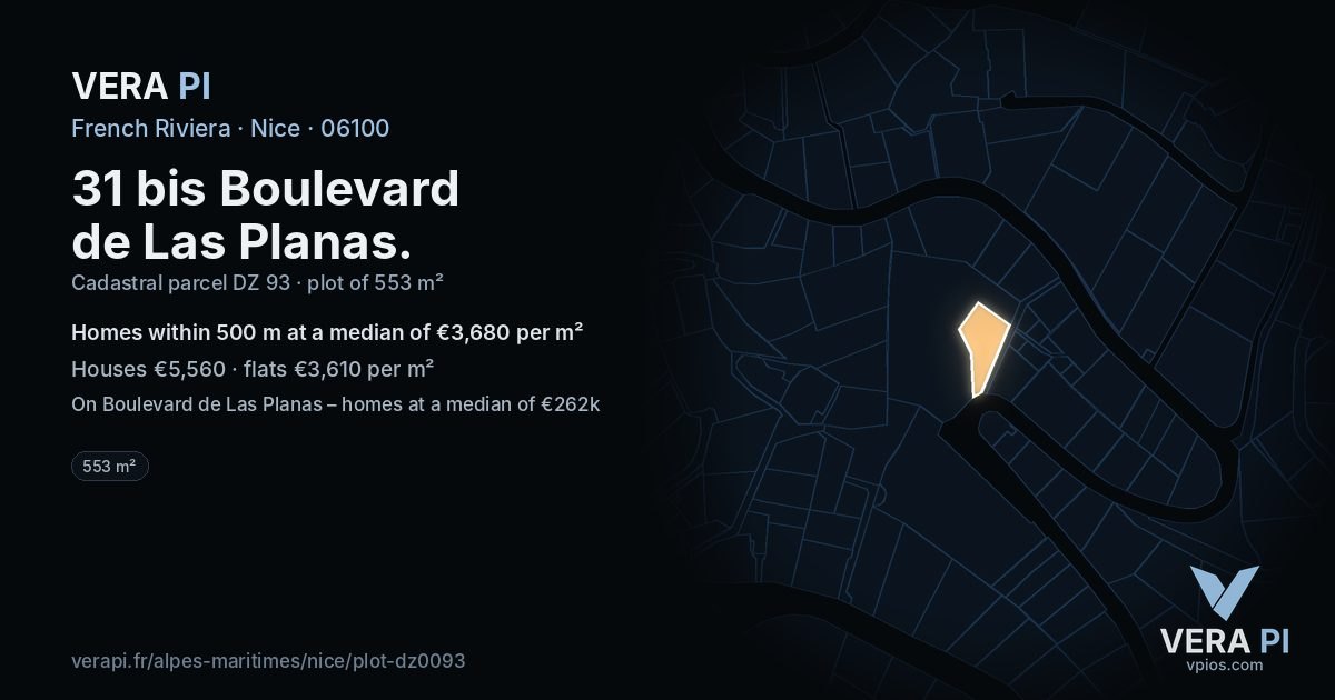 31 bis Boulevard de Las Planas, Nice at night – the plot lit, the parcels around coloured by the prices near them