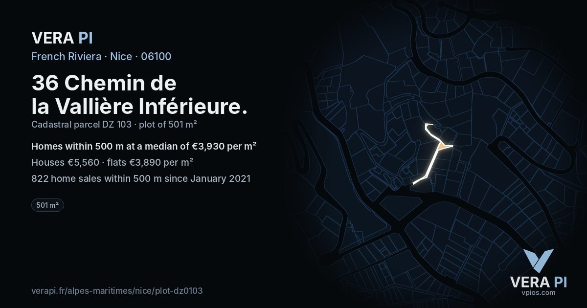 36 Chemin de la Vallière Inférieure, Nice at night – the plot lit, the parcels around coloured by the prices near them