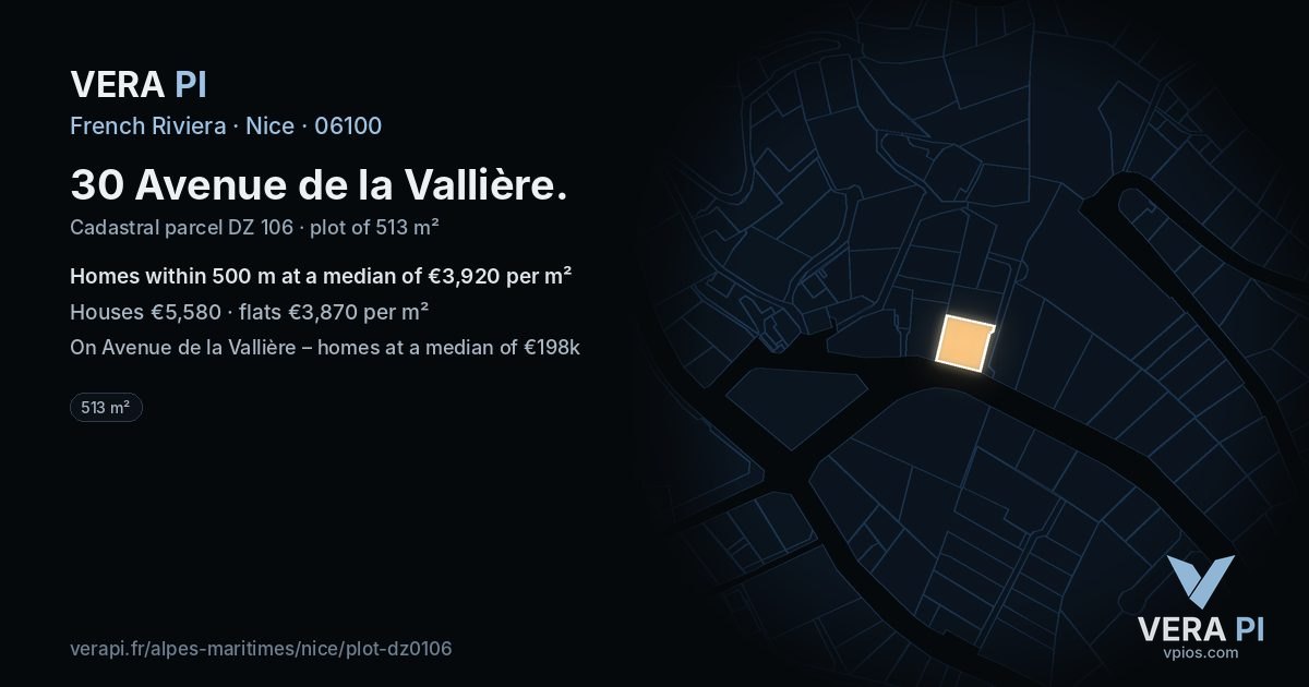 30 Avenue de la Vallière, Nice at night – the plot lit, the parcels around coloured by the prices near them