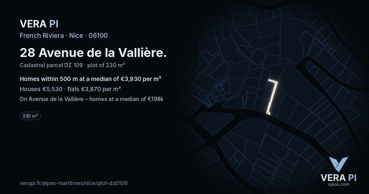 28 Avenue de la Vallière, Nice at night – the plot lit, the parcels around coloured by the prices near them