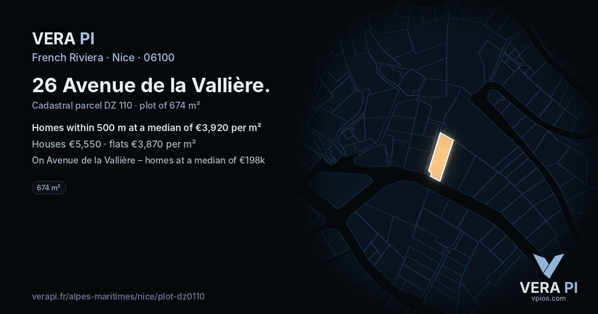26 Avenue de la Vallière, Nice at night – the plot lit, the parcels around coloured by the prices near them