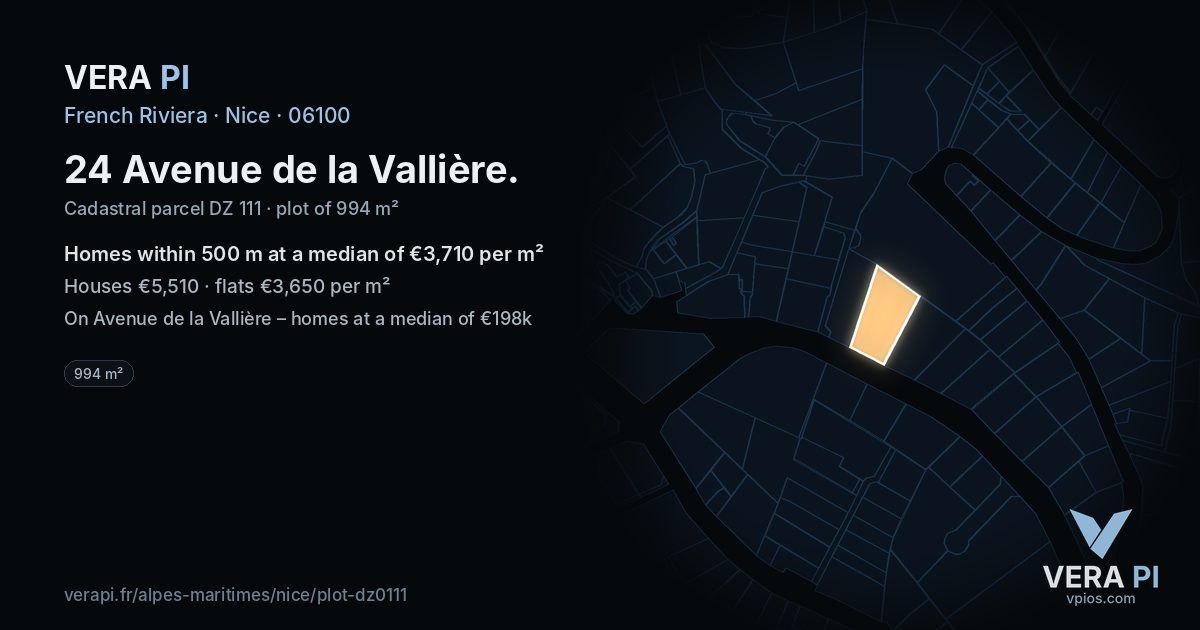 24 Avenue de la Vallière, Nice at night – the plot lit, the parcels around coloured by the prices near them