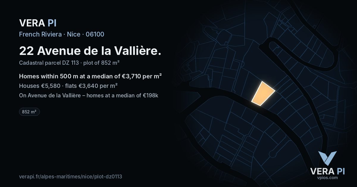 22 Avenue de la Vallière, Nice at night – the plot lit, the parcels around coloured by the prices near them