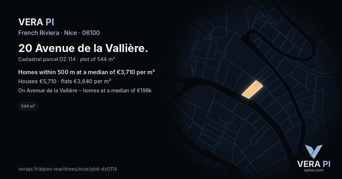 20 Avenue de la Vallière, Nice at night – the plot lit, the parcels around coloured by the prices near them