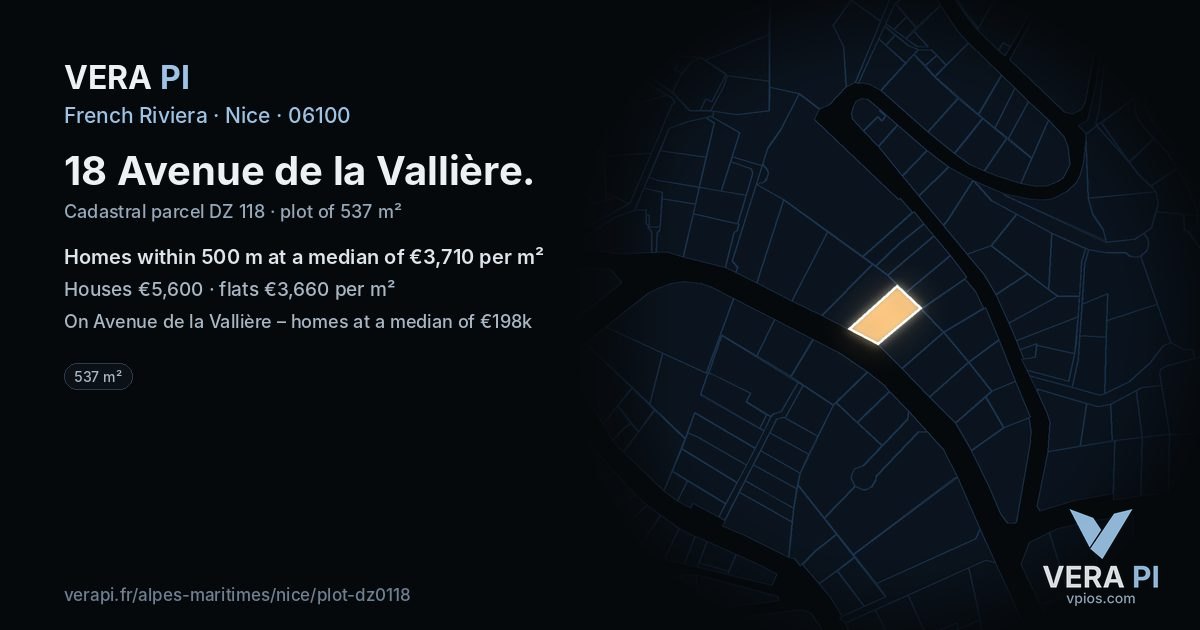18 Avenue de la Vallière, Nice at night – the plot lit, the parcels around coloured by the prices near them