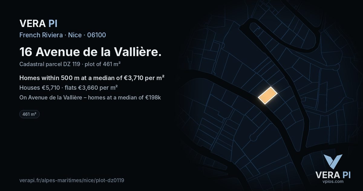 16 Avenue de la Vallière, Nice at night – the plot lit, the parcels around coloured by the prices near them