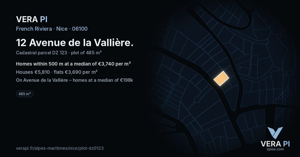 12 Avenue de la Vallière, Nice at night – the plot lit, the parcels around coloured by the prices near them