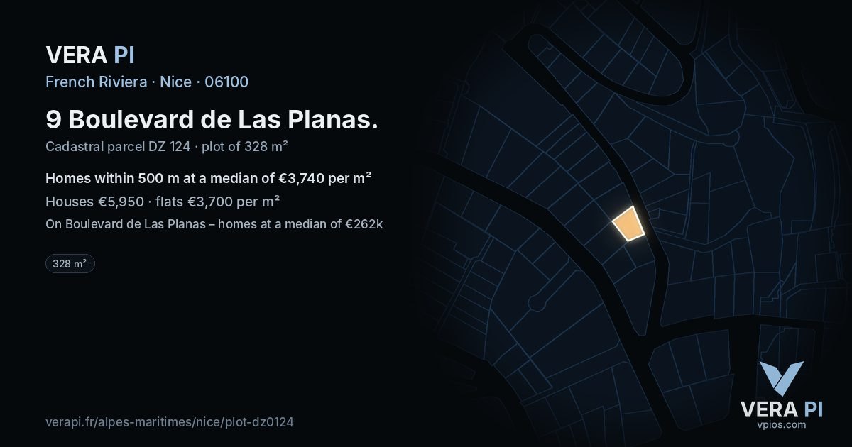 9 Boulevard de Las Planas, Nice at night – the plot lit, the parcels around coloured by the prices near them
